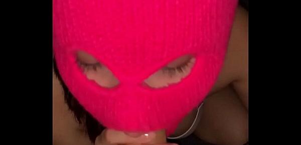  teen girlfriend giving sloppy blowjob in ski mask